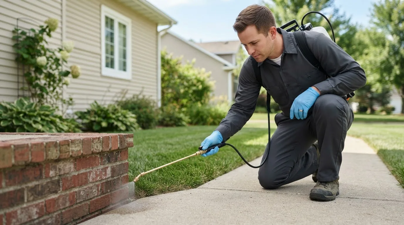 Pest control technician treating a home near Crown Point, IN